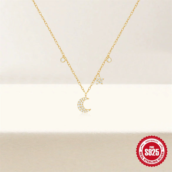 925 Sterling Silver Star Moon Diamondencrusted Women's Stacked Ochain Necklace With Electroplating