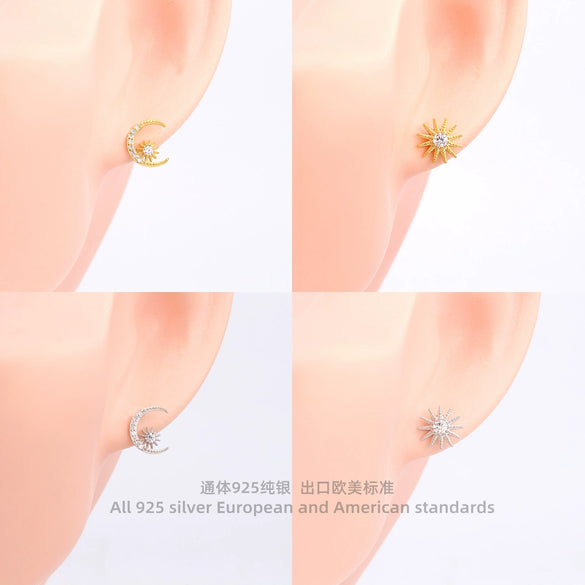 Sterling Silver Star Moon Microinlay Minimalist Earrings For Female