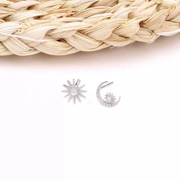 Sterling Silver Star Moon Microinlay Minimalist Earrings For Female