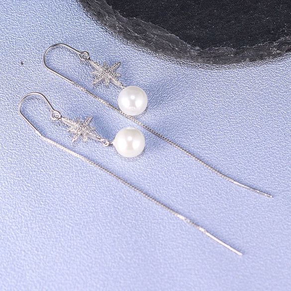 Sterling Silver Star Pearl Long Tassel Earrings Elegant Rice Star Drop Earrings For Women