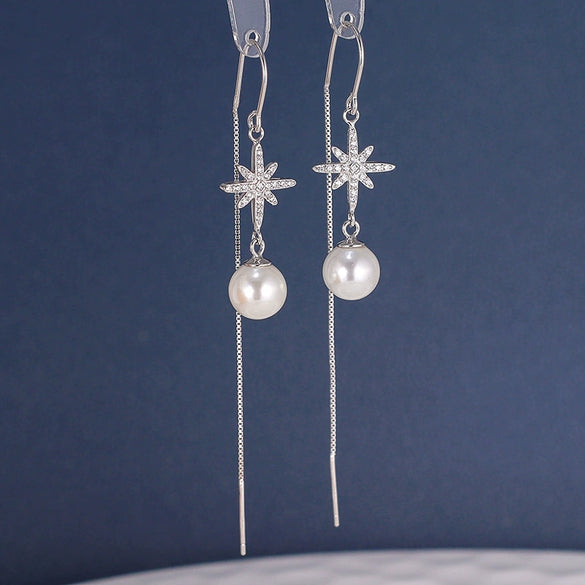 Sterling Silver Star Pearl Long Tassel Earrings Elegant Rice Star Drop Earrings For Women