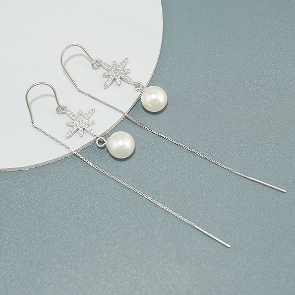 Sterling Silver Star Pearl Long Tassel Earrings Elegant Rice Star Drop Earrings For Women