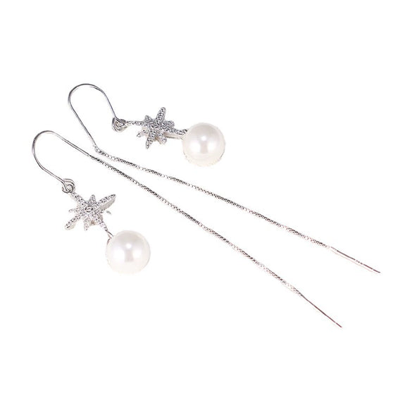 Sterling Silver Star Pearl Long Tassel Earrings Elegant Rice Star Drop Earrings For Women