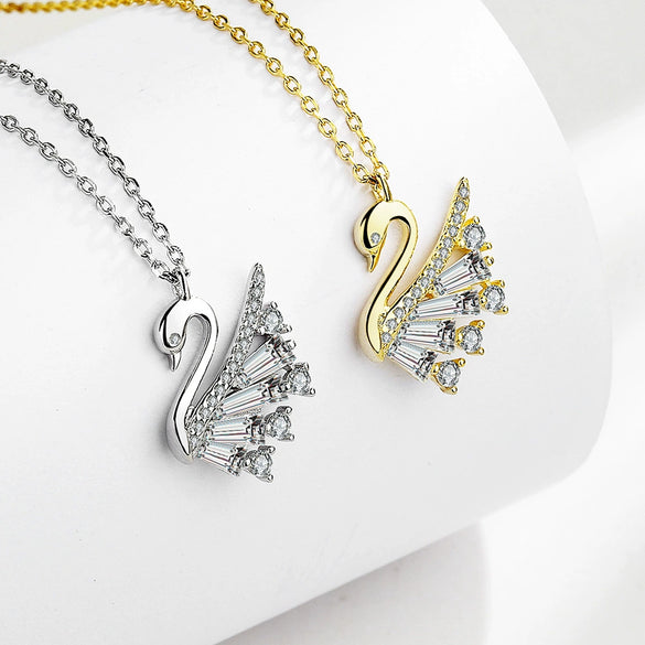 Sterling Silver 925 Swan Geometric Design Diamond Necklace For Women