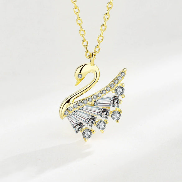 Sterling Silver 925 Swan Geometric Design Diamond Necklace For Women