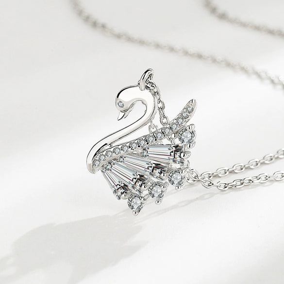 Sterling Silver 925 Swan Geometric Design Diamond Necklace For Women