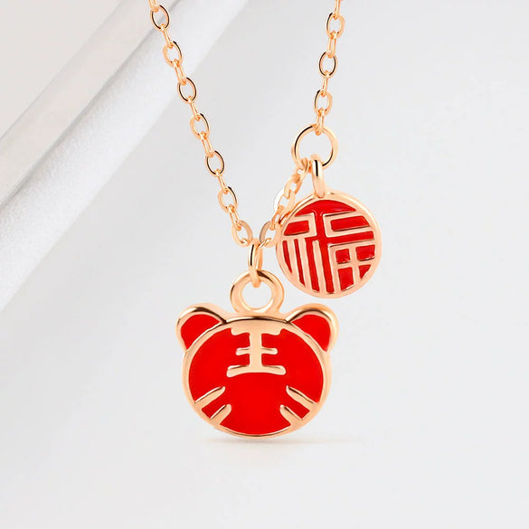 925 Sterling Silver Tiger Zodiac Pendant Necklace For Women With Red Enamel Geometric Pendant And Electroplated Collarbone Chain