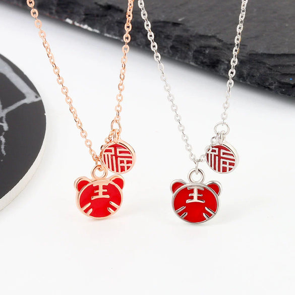925 Sterling Silver Tiger Zodiac Pendant Necklace For Women With Red Enamel Geometric Pendant And Electroplated Collarbone Chain