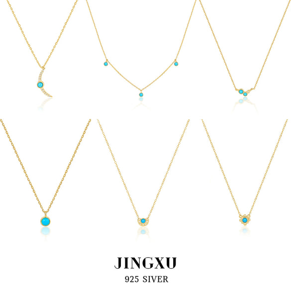 925 Sterling Silver Turquoise Niche Retro Female Clavicle Chain With Geometric Pattern And Electroplating