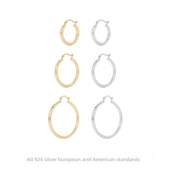 Sterling Silver Twisted Hollow Tube Circle Earrings With Wave Pattern And French Tassel For Women