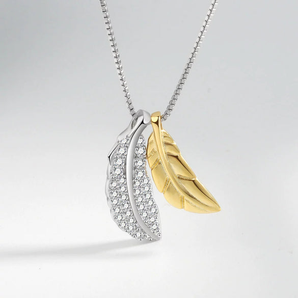 925 Sterling Silver Two Tone Feather Pendant Necklace Geometric Electroplated Clavicle Chain For Women