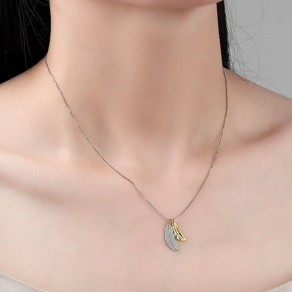 925 Sterling Silver Two Tone Feather Pendant Necklace Geometric Electroplated Clavicle Chain For Women