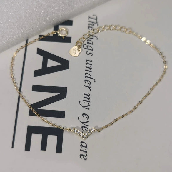 Sterling Silver Vshaped Women's Bracelet With 14K Goldplated Letters And Diamondencrusted Elegant Design