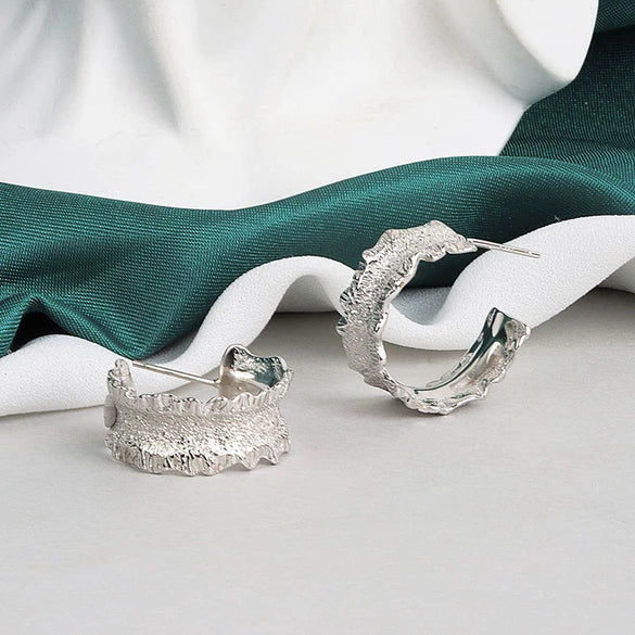 925 Sterling Silver Wavy Wide Earrings Simple Textured Sand Finish Fashion Earrings For Women