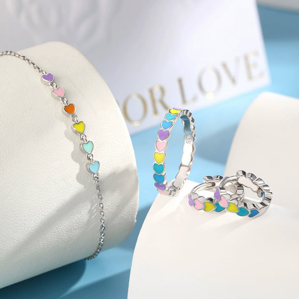 925 Sterling Silver Women's Bracelet And Earrings Set With Heart And Drop Shapes And Dripping Oil Design