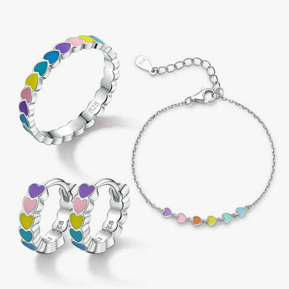 925 Sterling Silver Women's Bracelet And Earrings Set With Heart And Drop Shapes And Dripping Oil Design