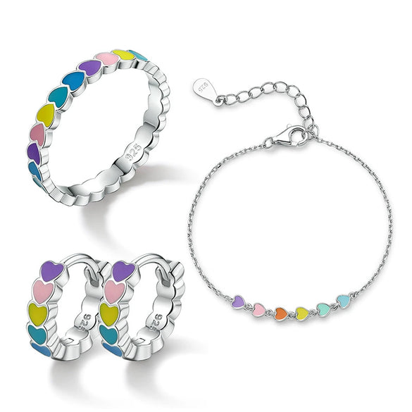 925 Sterling Silver Women's Bracelet And Earrings Set With Heart And Drop Shapes And Dripping Oil Design