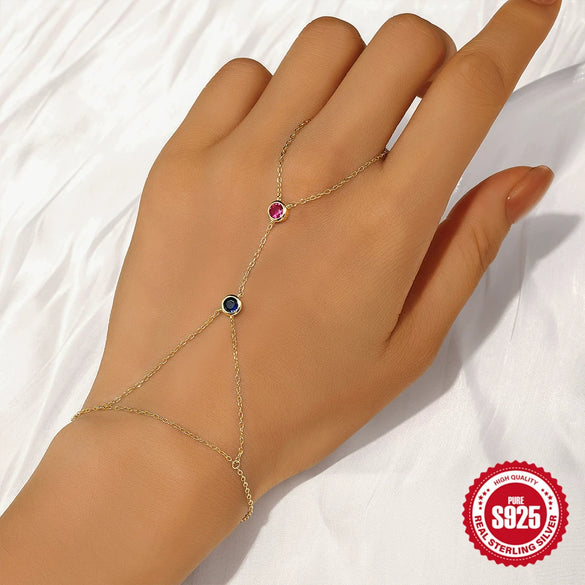 925 Sterling Silver Women's Hand Jewelry Ring Chain Bracelet Microinlay Colored Diamond Geometric Style Multilayer Stacked Electroplated