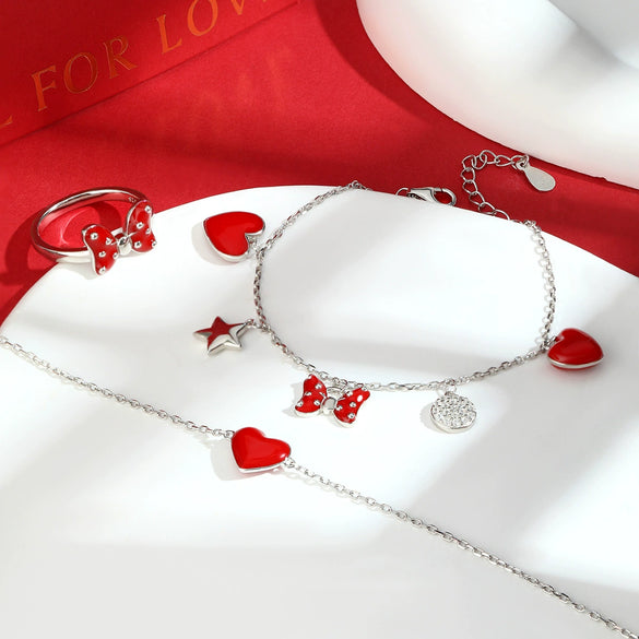 925 Sterling Silver Women's Love Oil Dripping Bow Bracelet With Stars Pattern