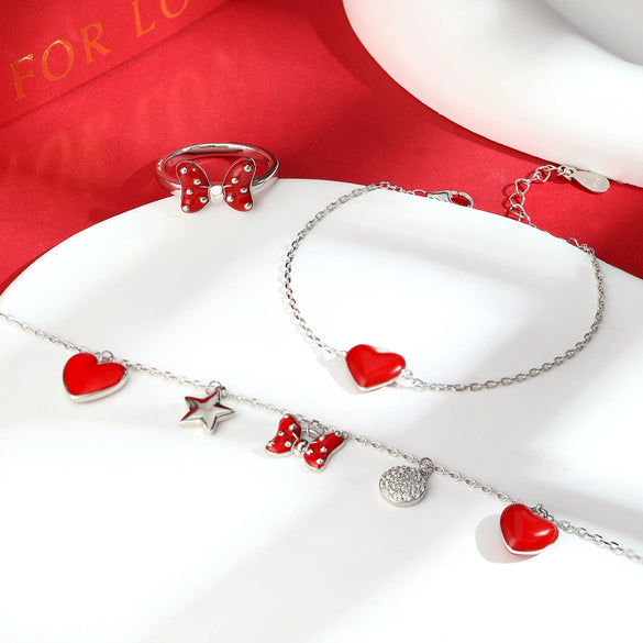 925 Sterling Silver Women's Love Oil Dripping Bow Bracelet With Stars Pattern