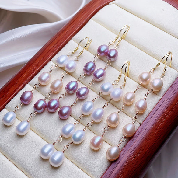 Sterling Silver Women's Rice Bead And Freshwater Pearl Earrings