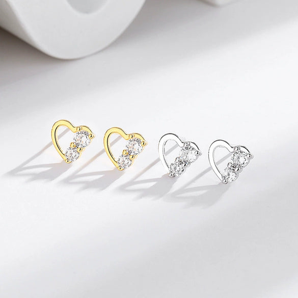 Sterling Silver Women's Small Fresh Diamond Hollow Heartshaped Earrings