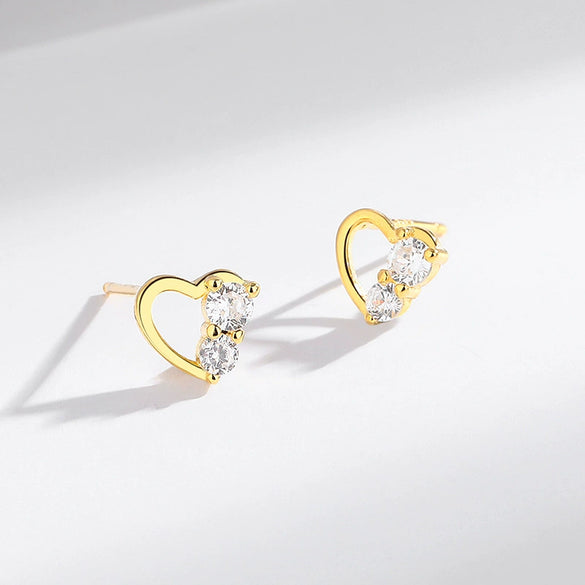 Sterling Silver Women's Small Fresh Diamond Hollow Heartshaped Earrings