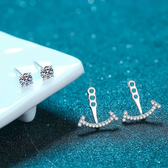 925 Sterling Silver Women's Smile Stud Earrings With Four Prong Set Micro Inlaid Moissanite Diamond Look Design