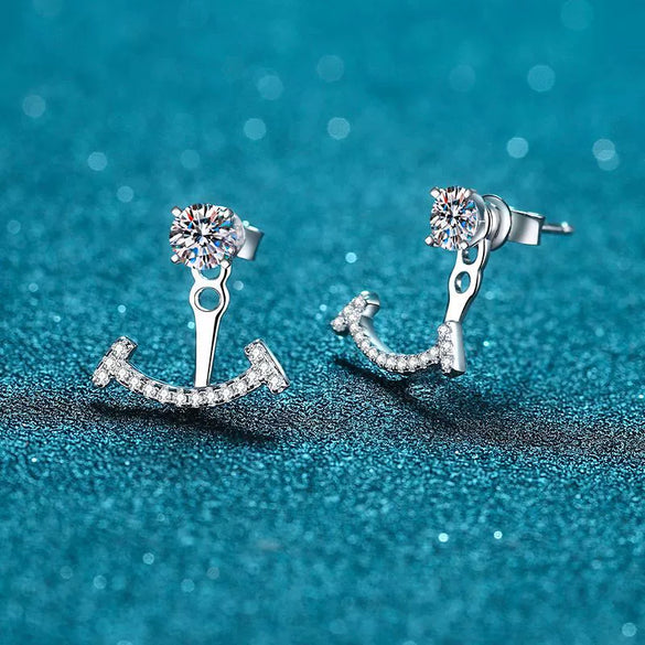 925 Sterling Silver Women's Smile Stud Earrings With Four Prong Set Micro Inlaid Moissanite Diamond Look Design
