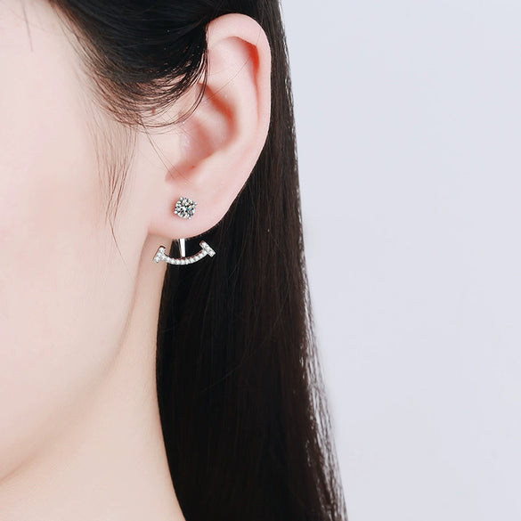 925 Sterling Silver Women's Smile Stud Earrings With Four Prong Set Micro Inlaid Moissanite Diamond Look Design
