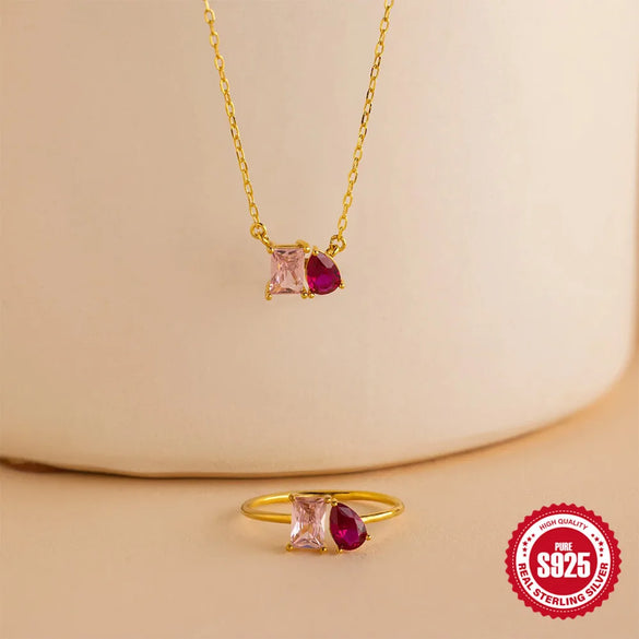 Sterling Silver Zircon Plating Inlay Water Droplets Rectangle Rings Necklace