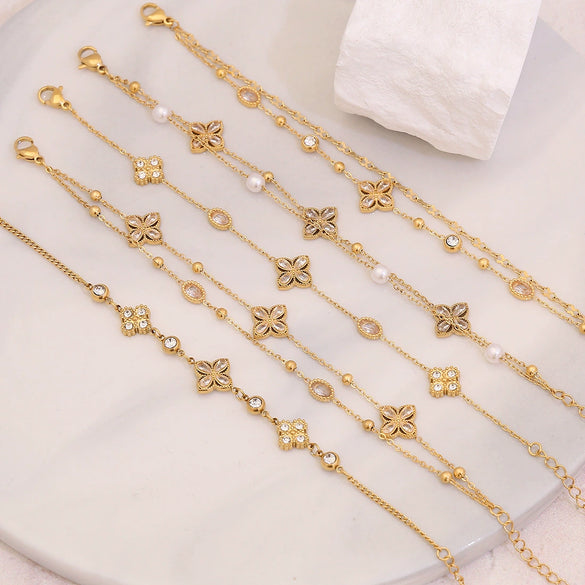 Sticky Diamond Flower Double Imitation Pearl Bracelet In Titanium Steel For Women Electroplated Jewelry