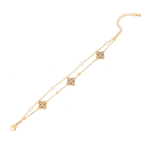 Sticky Diamond Flower Double Imitation Pearl Bracelet In Titanium Steel For Women Electroplated Jewelry