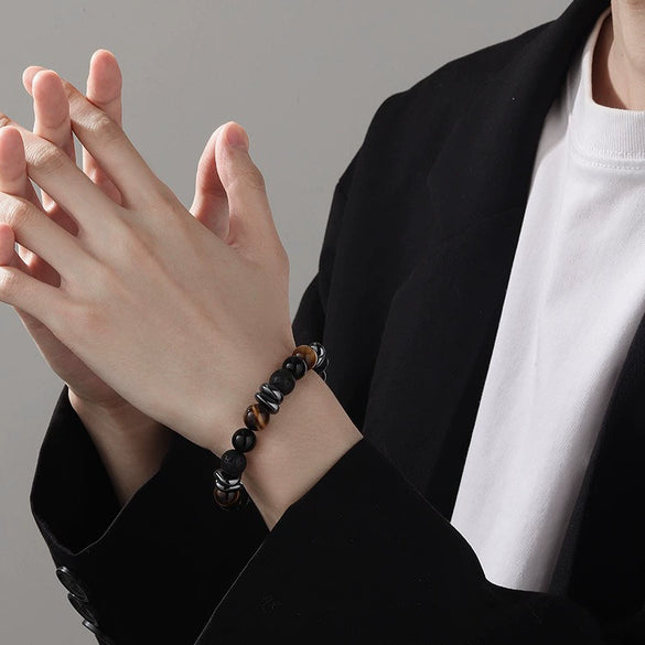 Stone Geometry Handmade Unisex Irregular Black Volcanic Stone Tiger Eye Bracelet