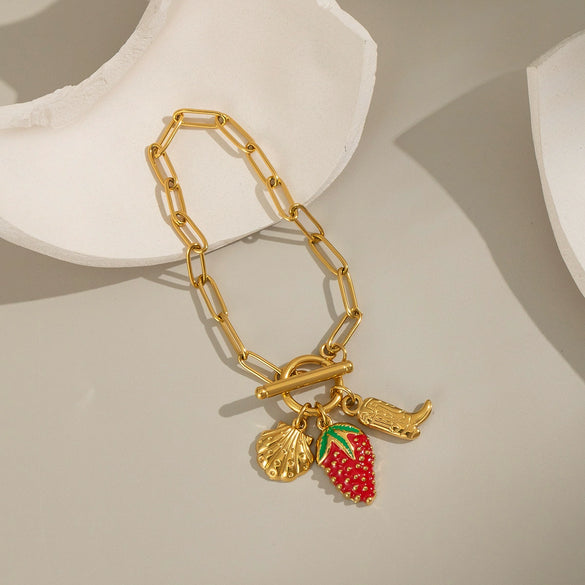 Strawberry Fruit Shape Stainless Steel Light Luxury Stylish Ot Buckle Bracelet Jewelry For Women With Electroplating