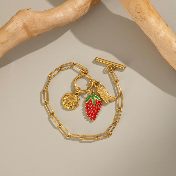 Strawberry Fruit Shape Stainless Steel Light Luxury Stylish Ot Buckle Bracelet Jewelry For Women With Electroplating