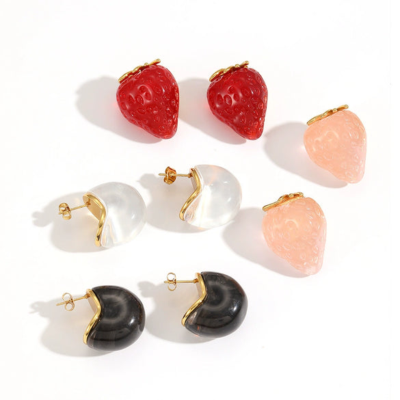 Strawberry Resin Stainless Steel Women's Geometric Earrings 18K Gold Plated Electroplated