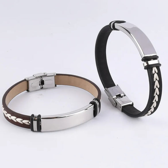 Streetwear Color Block 201 Stainless Steel Pu Leather Unisex Wristband Men Cord & Leather Bracelets