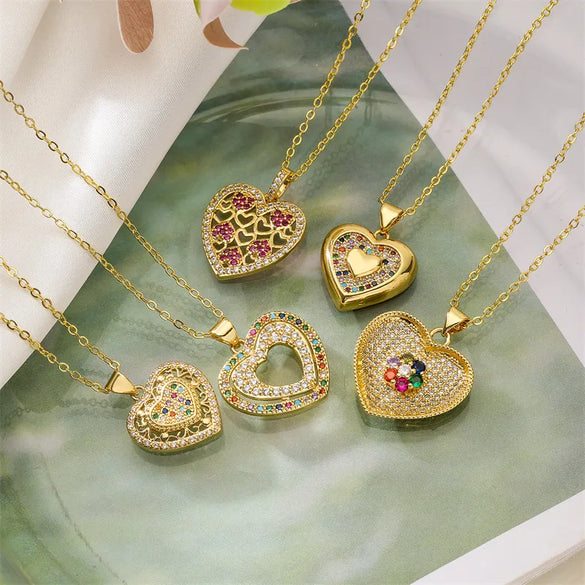 Streetwear Heart Shape Copper Plating Inlay Zircon Gold Plated Pendant Necklace