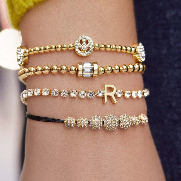 Stretch Rope Copper Full Diamond Zircon Geometric Smiley Flower Star Palm Bead Chain Fashion Cute Telescopic Women's Bracelet