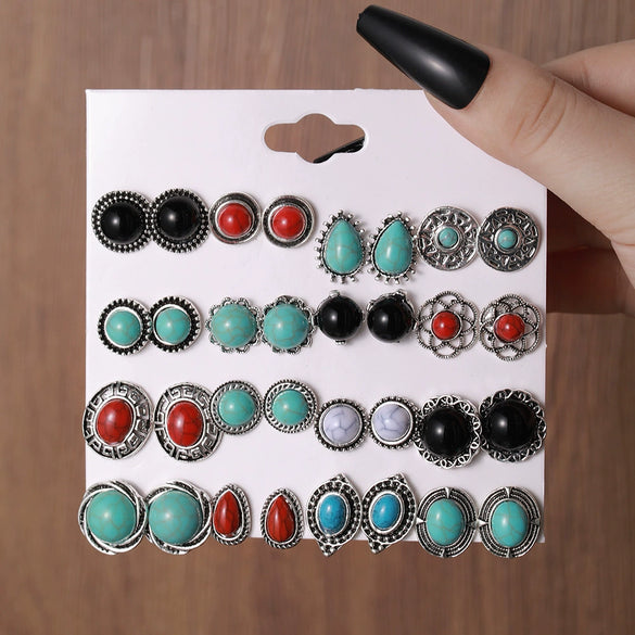 Stud Earrings Imitation Pine Stone Geometric Hollow Flower Electroplated Stainless Steel