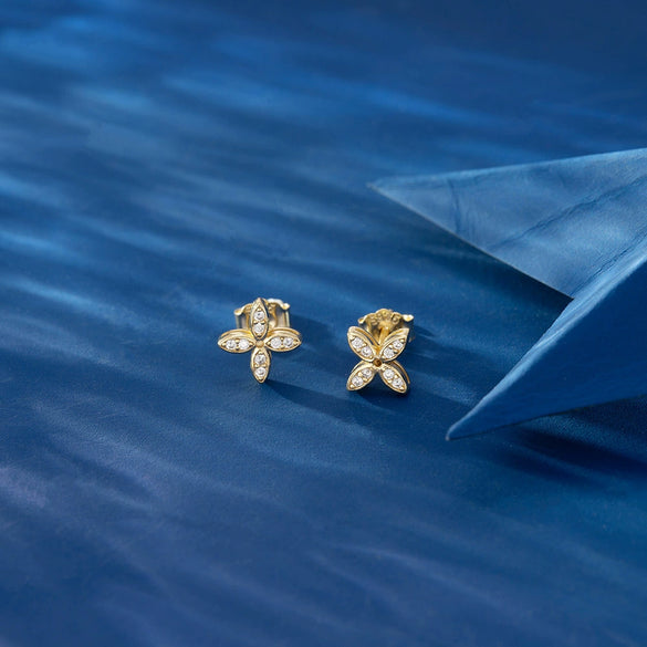 Stud Earrings Silver 925 Three Dimensional Windmill Leaf Pattern Electroplated