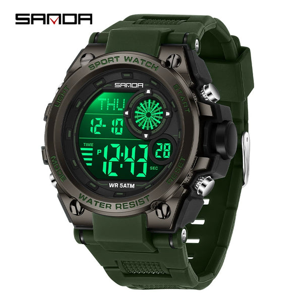 Student Multifunction Chronograph Sports Watch Abs Case Tpu Strap Acrylic Mirror Round Dial Digital Display Waterproof