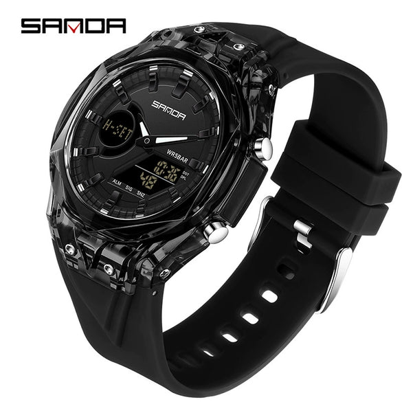 Student Multifunction Electronic Watch Tpu Strap Abs Case Acrylic Mirror Round Dial Sports Style Luminous Waterproof