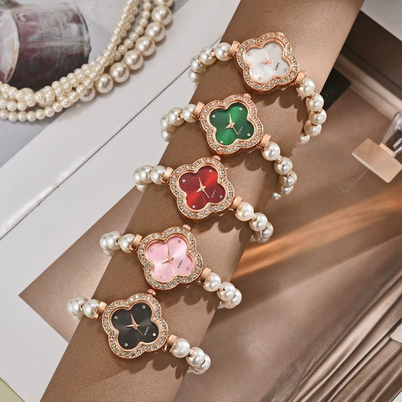 Student Watch Alloy Four Leaf Clover Pearl Decorated Gold Buckle