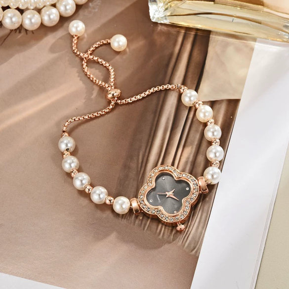 Student Watch Alloy Four Leaf Clover Pearl Decorated Gold Buckle