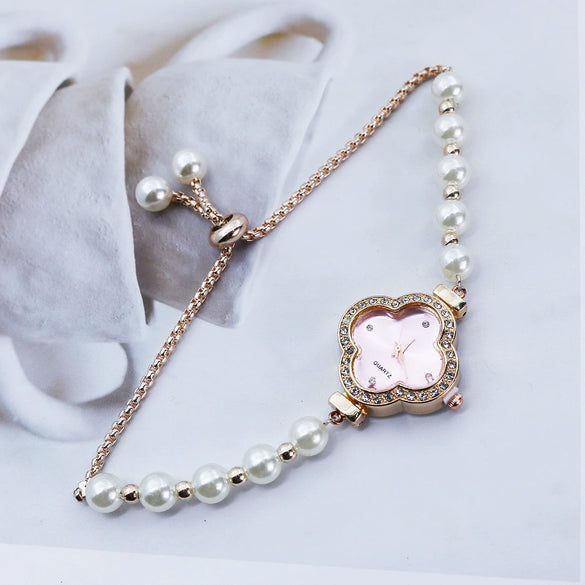 Student Watch Alloy Rose Gold Fourleaf Clover Shape Quartz Watch For Female