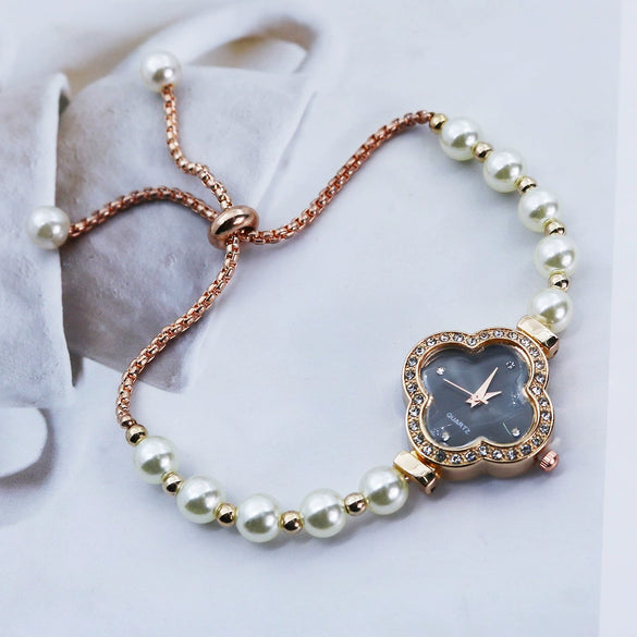 Student Watch Alloy Rose Gold Fourleaf Clover Shape Quartz Watch For Female