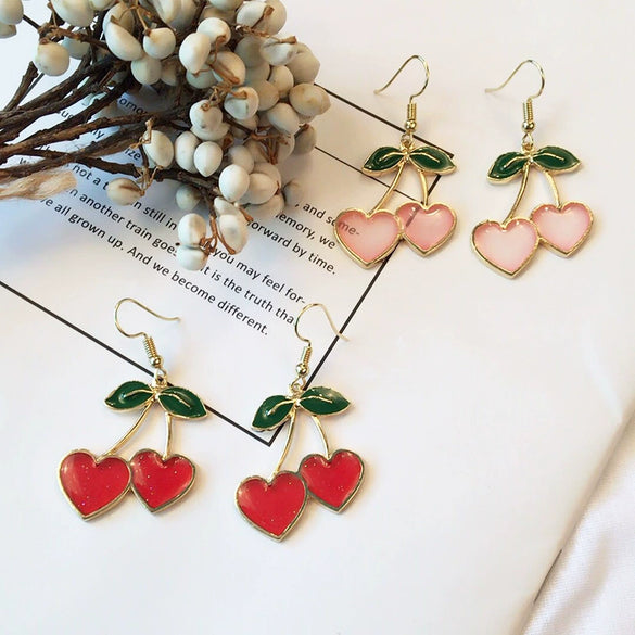 Style Fresh Cherry Love Earrings Sweet Girl's Heart Drop Oil Cherry Long Earrings Simple Decoration