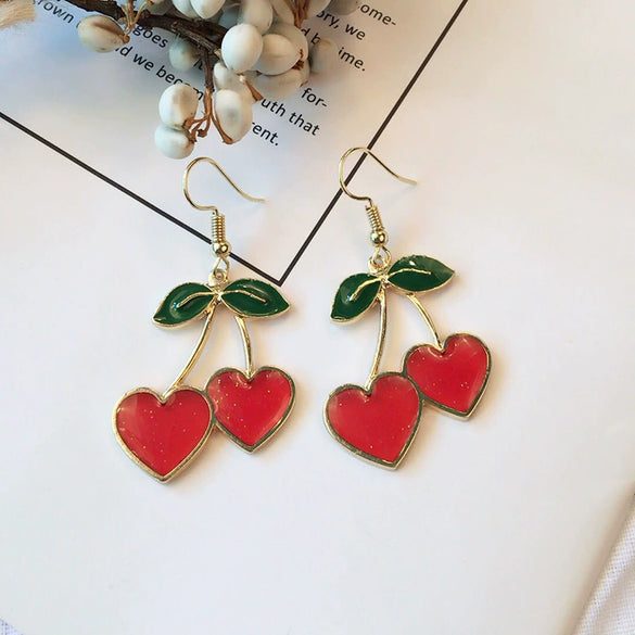 Style Fresh Cherry Love Earrings Sweet Girl's Heart Drop Oil Cherry Long Earrings Simple Decoration